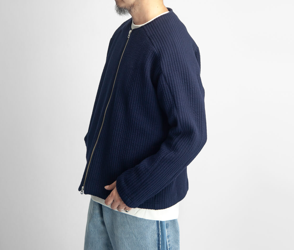 Upscape Audience オーディエンス ストレッチストライプ中綿キルト ノーカラージップアップジャケット 日本製 メンズ