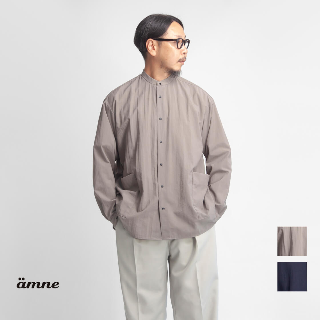 amne アンヌ ナイロン パークシャツ バンドカラー 日本製 メンズ