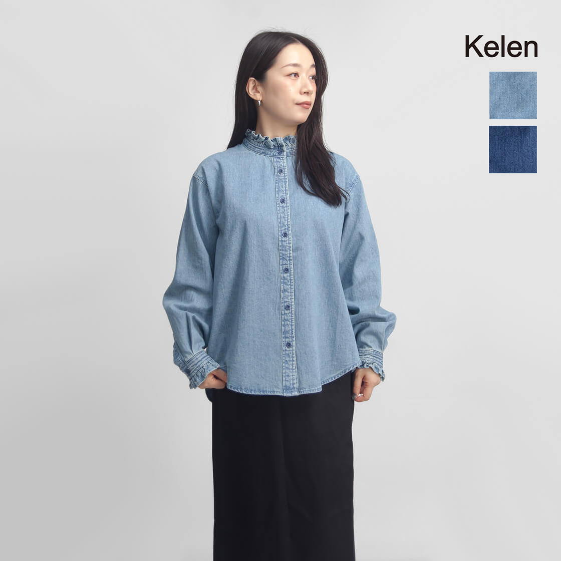 KELENケレンSYNTHデニムシャツスタンドカラーフリルBL2253レディース