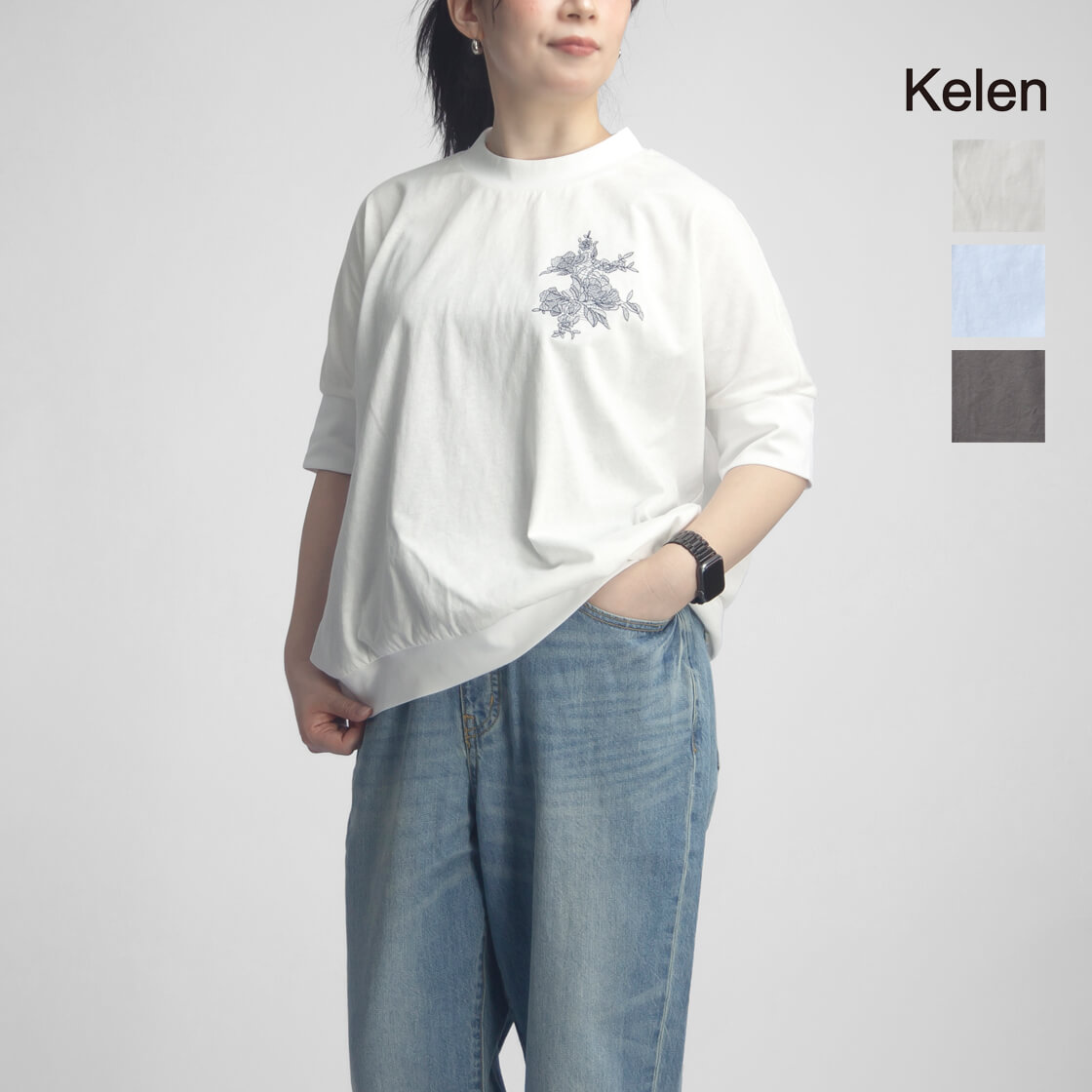 KELEN ケレン GIA フラワーモチーフ刺繍 Tシャツ モックネック レディース