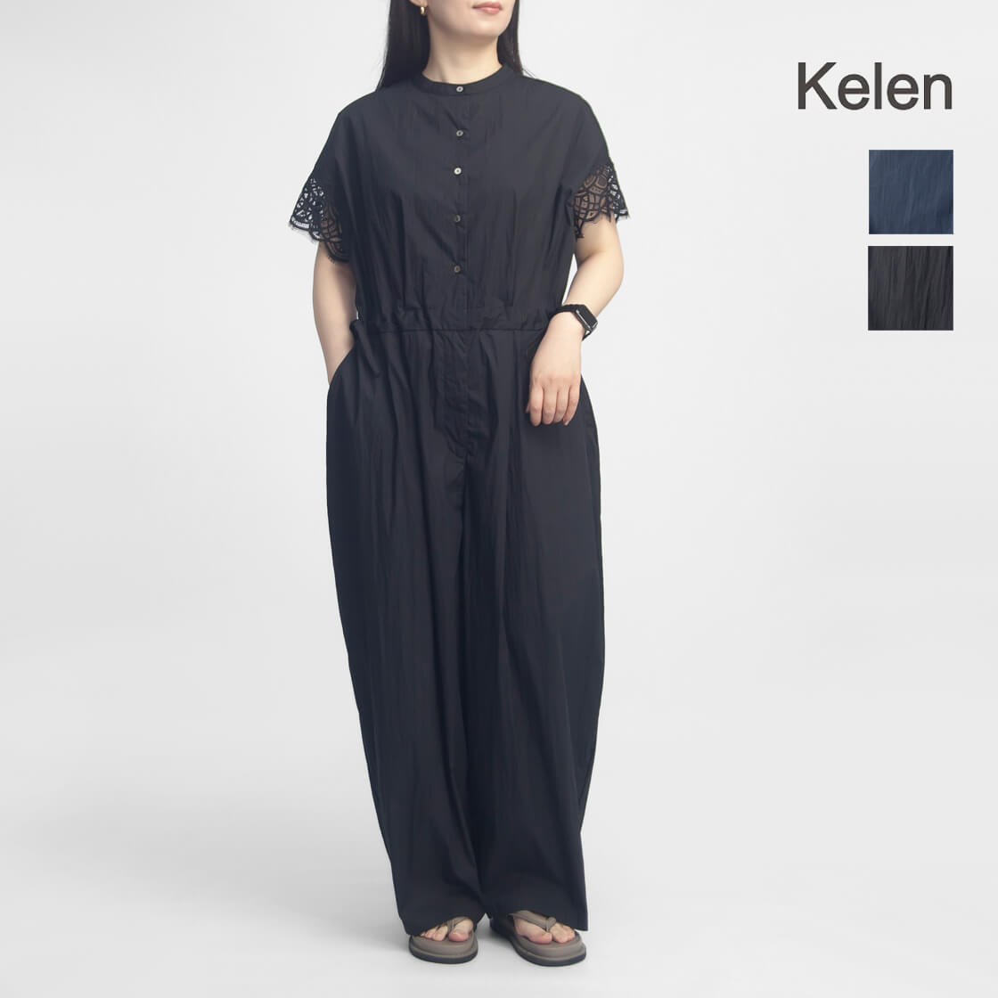 KELEN ケレン YAKKA 半袖 オールインワン パンツ バンドカラー 袖レース 1タック レディース