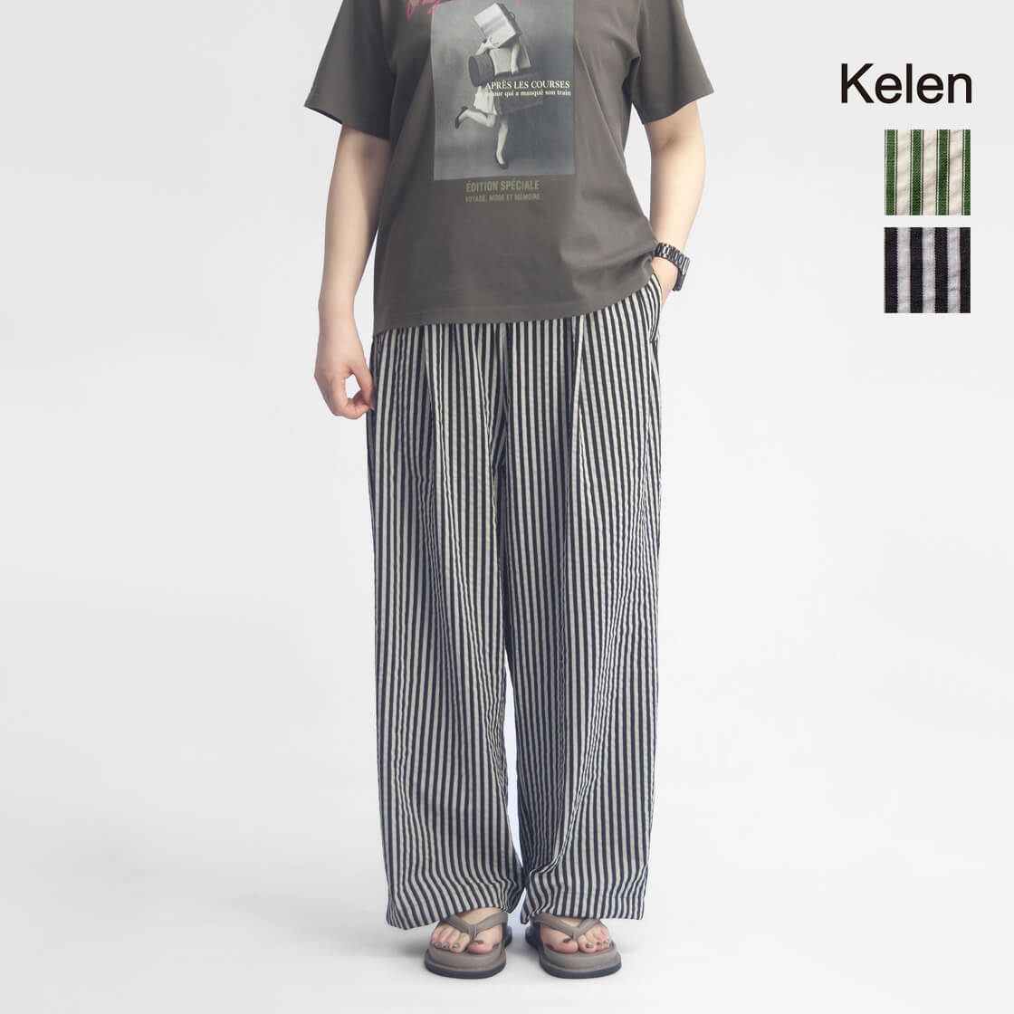 KELEN ケレン STRIPE GRAY ストライプ ワイド イージーパンツ ストレート ２タック レディース