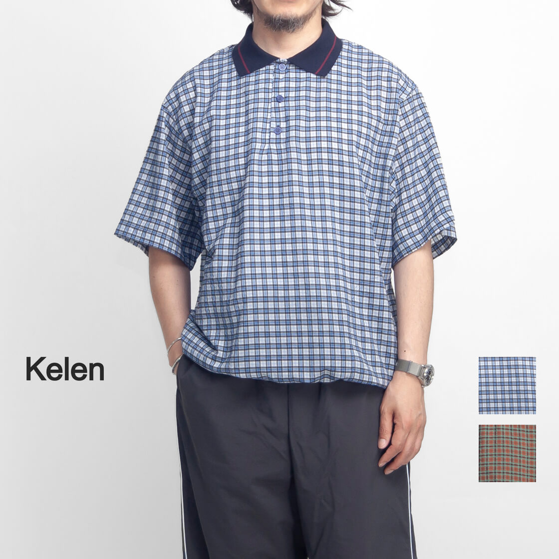 KELEN ケレン JAFAR ライン襟 チェックポロシャツ メンズ