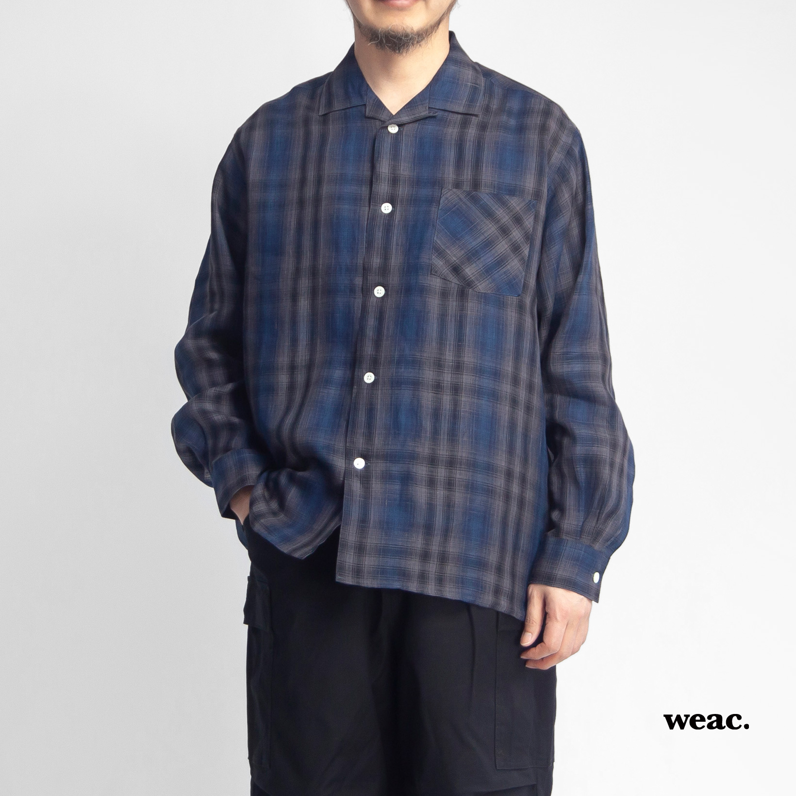 weac. ウィーク リネン100％ オンブレチェック オープンカラーシャツ 日本製 メンズ