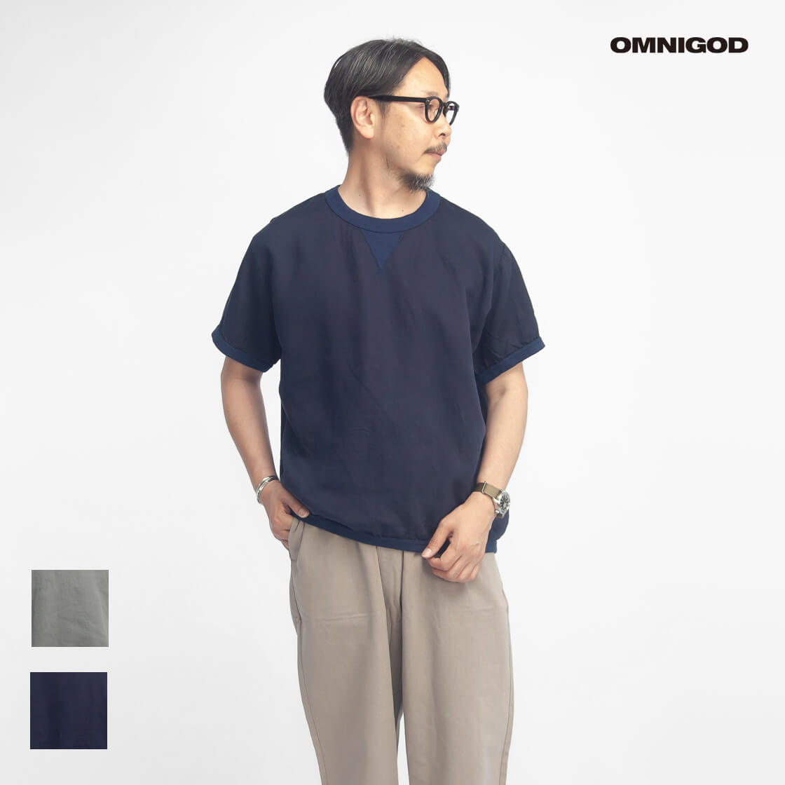 OMNIGOD オムニゴッド テンセルリネンツイル クルーネック半袖シャツ 日本製 メンズ