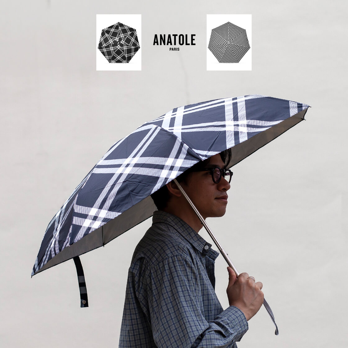 ANATOLE アナトール 完全遮光 晴雨兼用 折りたたみ傘 日傘 TWEED&CHECK UPF50+ 遮光100% 軽量 UVカット メンズ レディース
