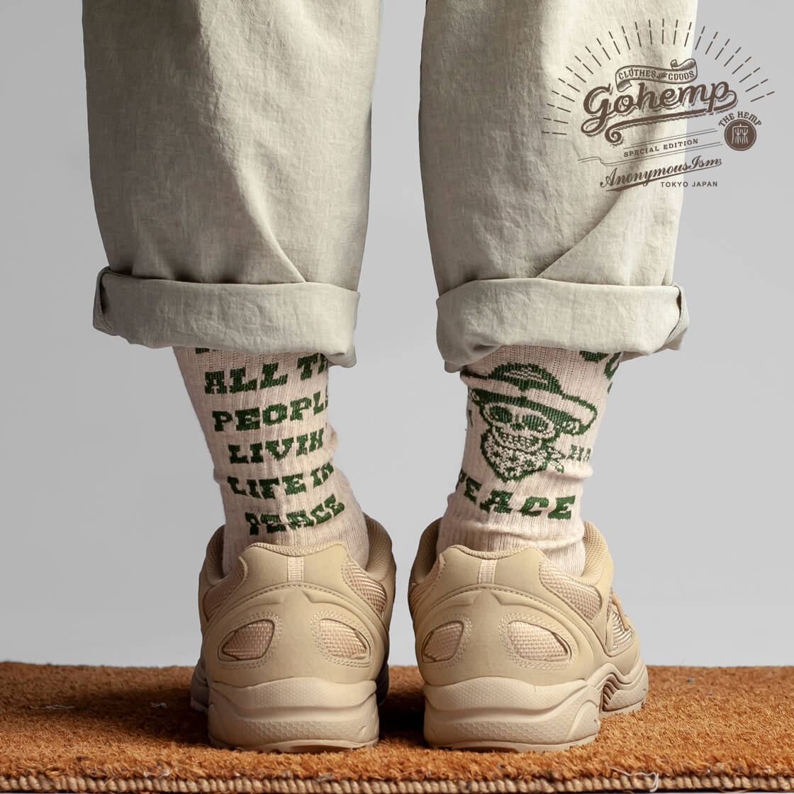 GOHEMP ゴーヘンプ AnonymousIsm アノニマスイズム PEACE メッセージ ヘンプコットン リブクルーソックス 日本製 靴下 メンズ