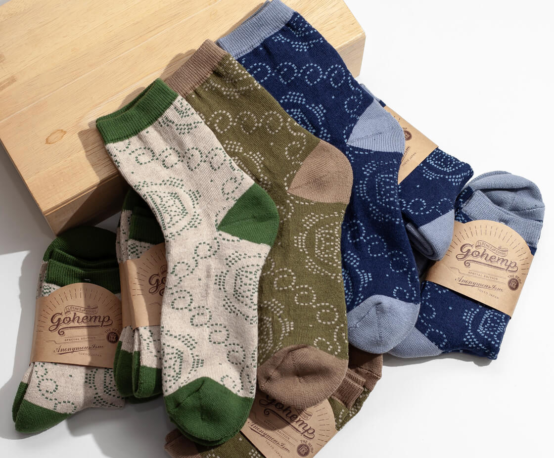 GOHEMP ゴーヘンプ AnonymousIsm アノニマスイズム 麻の葉文様 総柄 コットンヘンプ クォーターソックス 日本製 靴下 メンズ