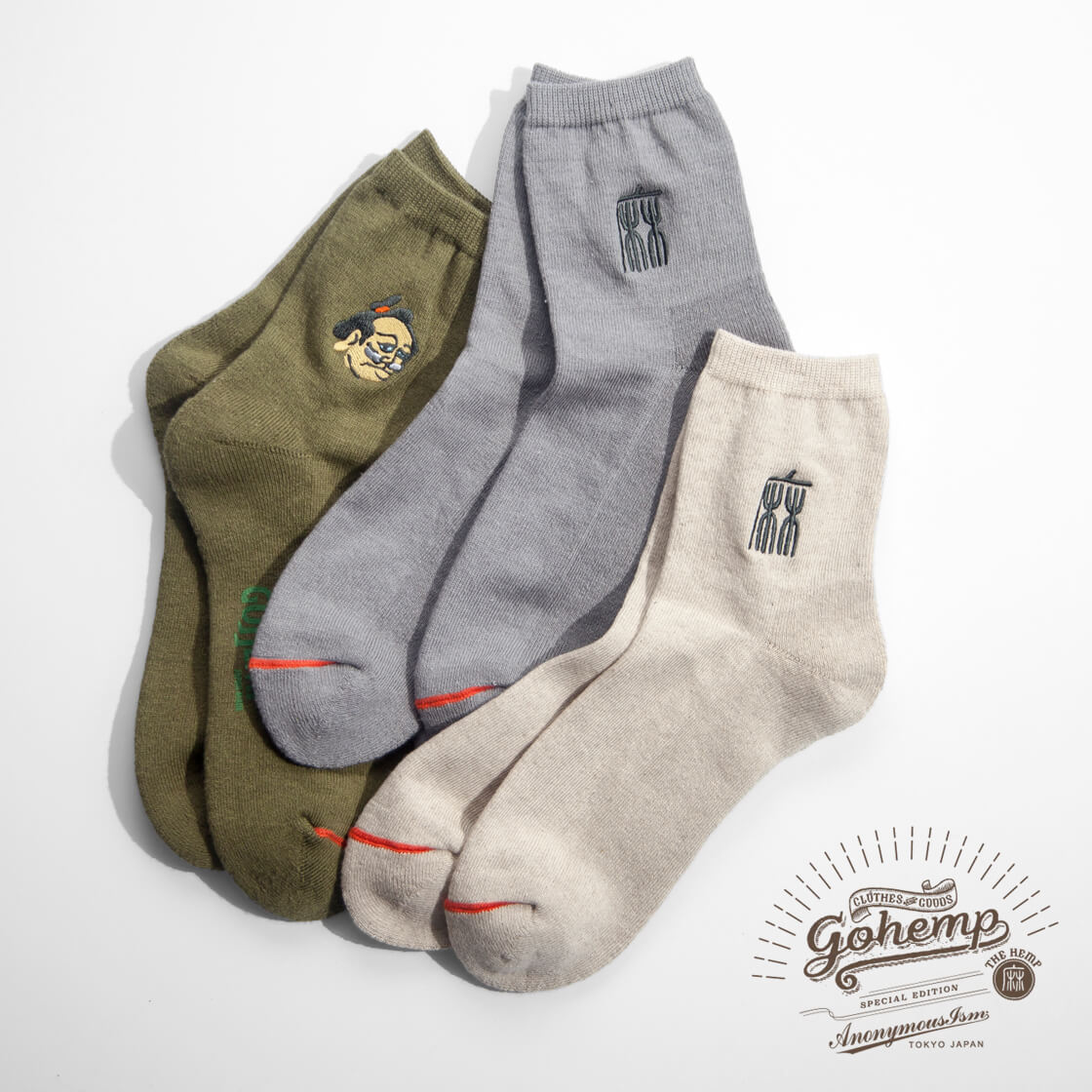 AnonymousIsm アノニマスイズム GOHEMP ゴーヘンプ ワンポイント刺繍パイル 麻 クォーターソックス 日本製 靴下 メンズ