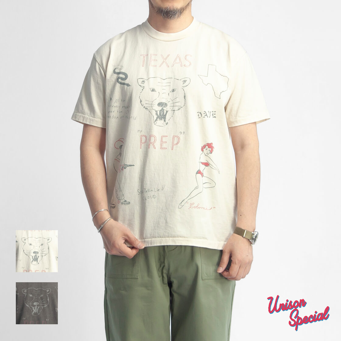 UUnison Special ユニゾンスペシャル ジャイアント チューブ ピグメント テキサス プリントTシャツ 日本製 メンズ