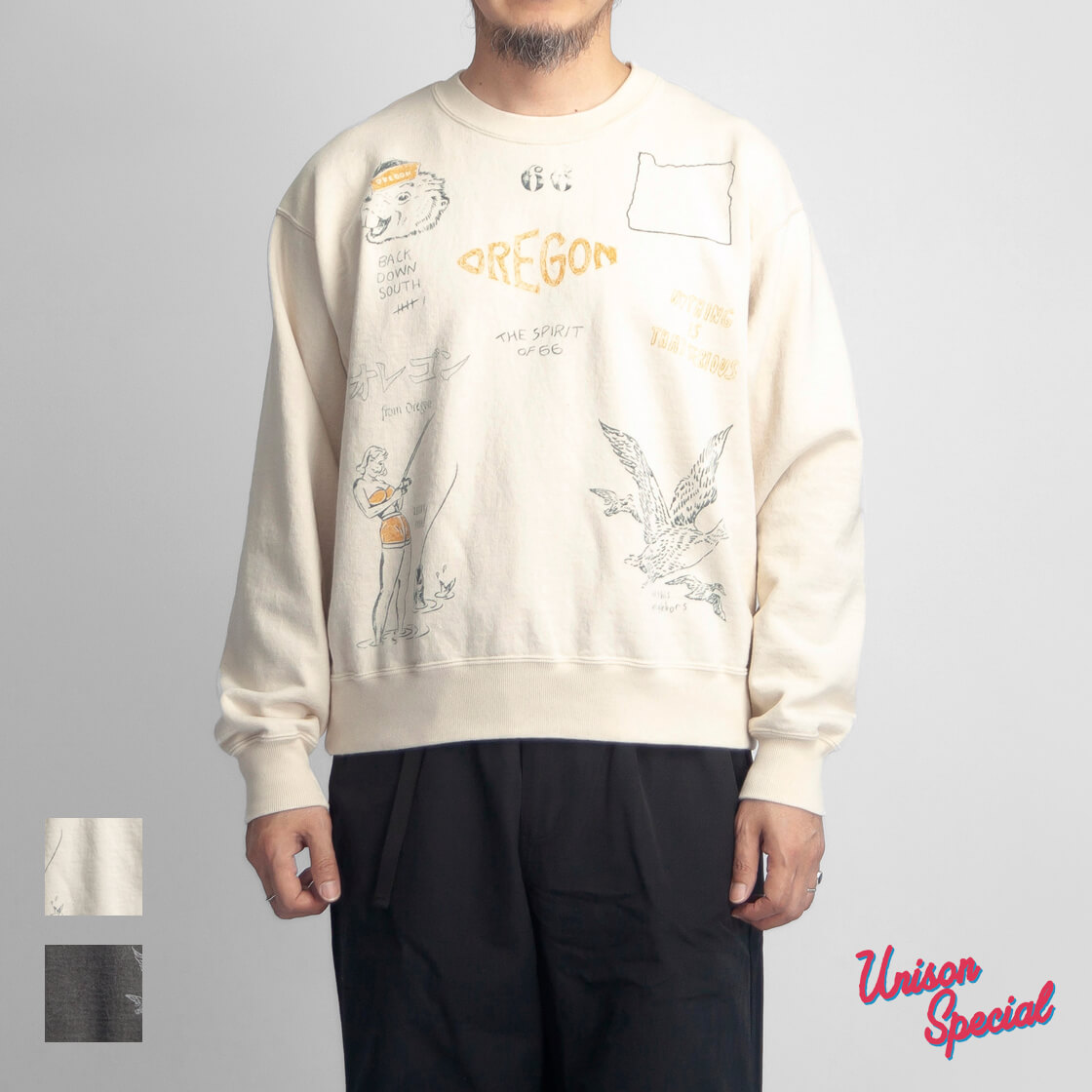 Unison Special ユニゾンスペシャル オレゴン プリント クルーネック スウェット 裏毛 日本製 メンズ