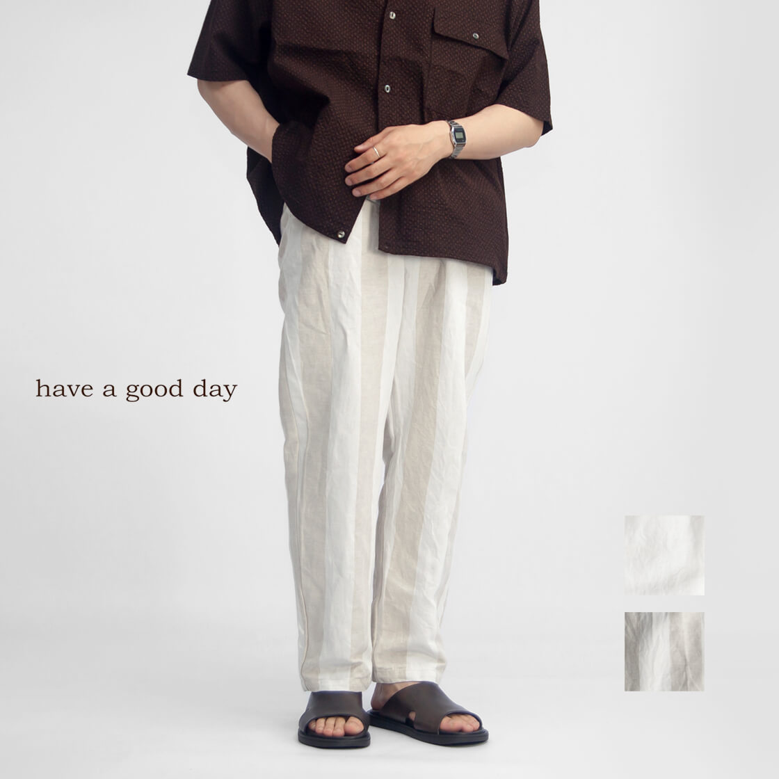have a good day ハブアグッドデイ コットンリネン ストライプ リラックスパンツ 日本製 メンズ