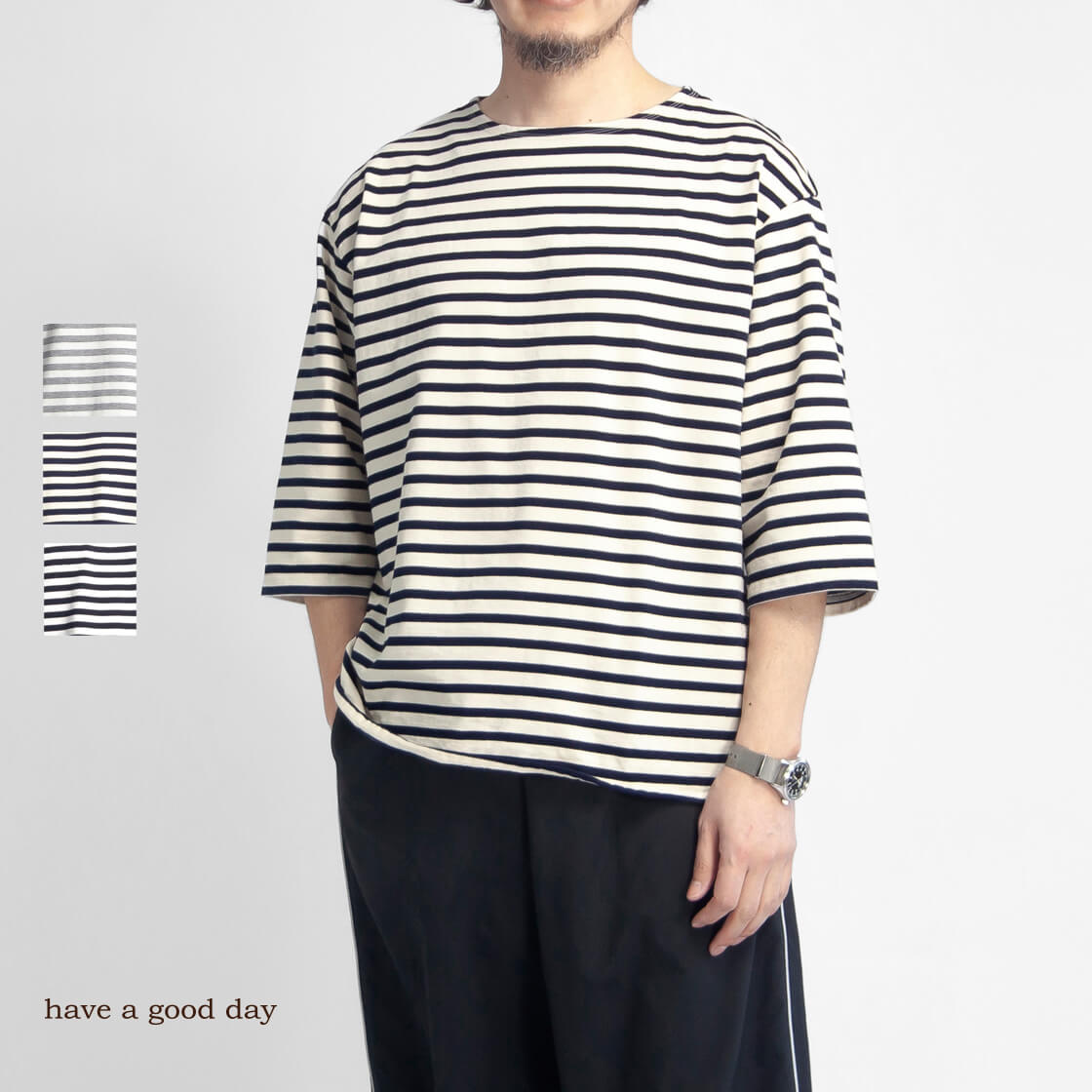 have a good day ハブアグッドデイ 引き揃え天竺 ルーズフィット フラットシーマ ボーダーボートネック7分袖Tシャツ 日本製 メンズ