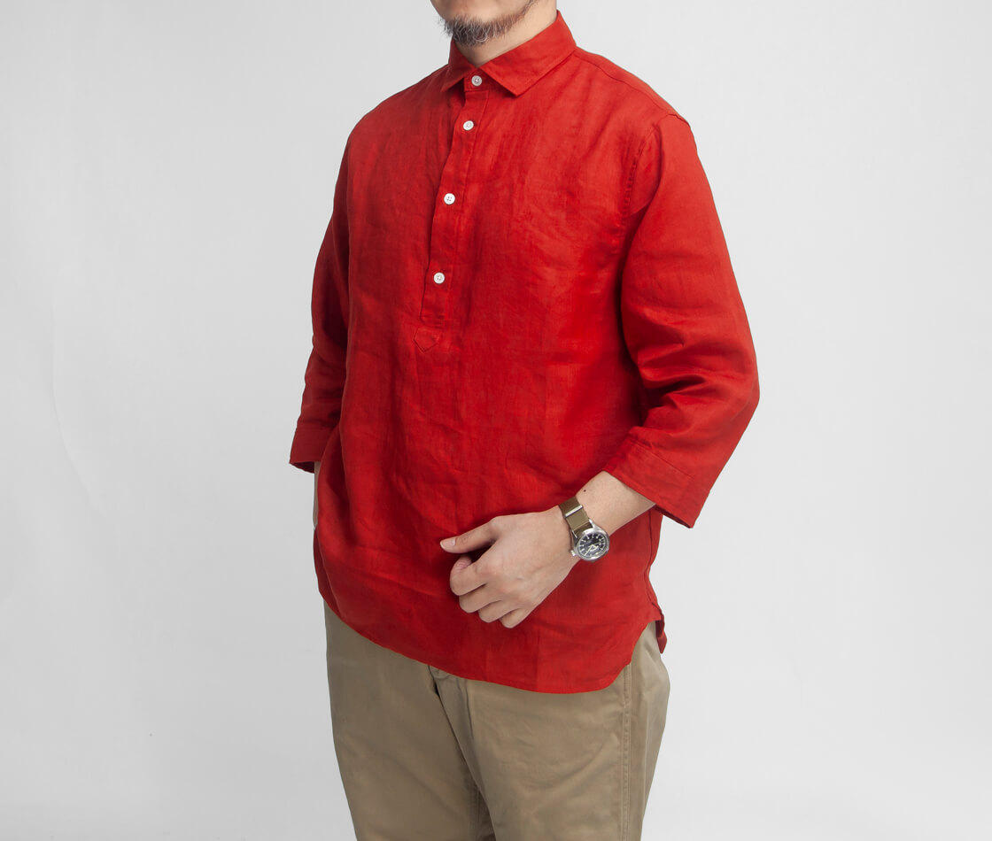 LAOTOUR 麻100％ フレンチリネン プルオーバーシャツ ワイドカラー 2026モデル メンズ