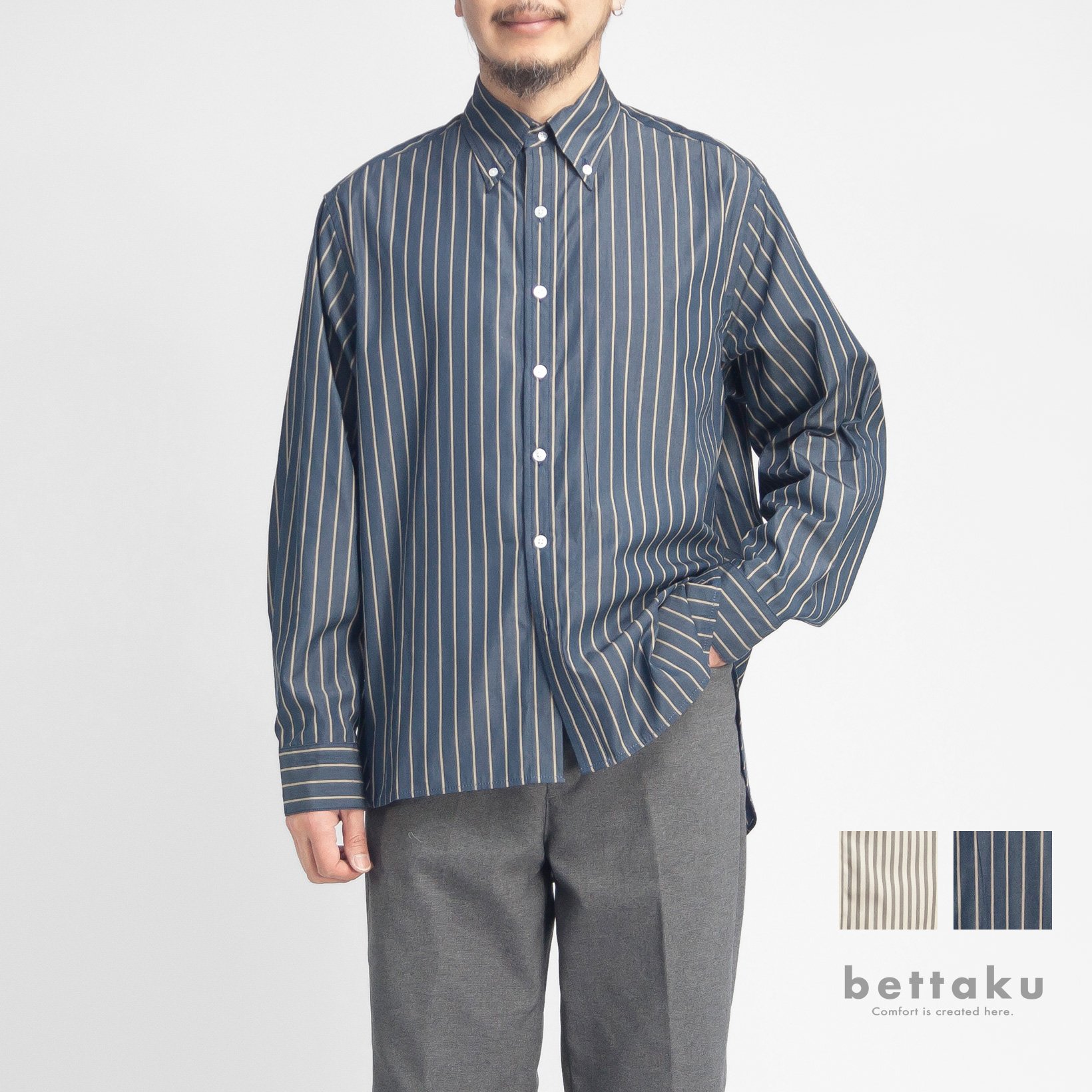 Bettaku ベッタク スーピマ タイプライター ストライプ ボタンダウンシャツ 日本製 メンズ