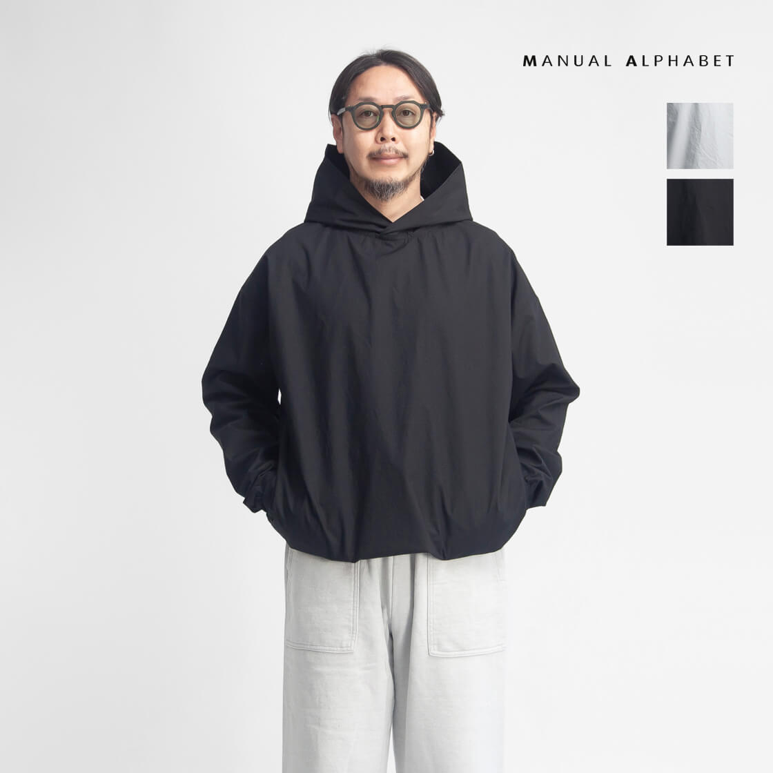 MANUAL ALPHABET マニュアルアルファベット 別注 タイプライター フードシャツ シャツパーカー 日本製 メンズ