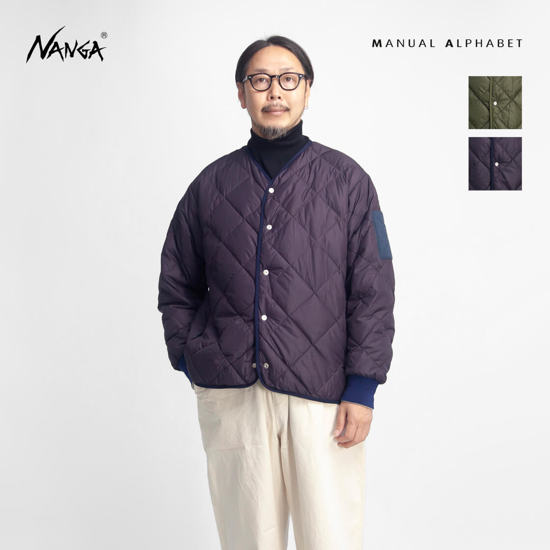 MANUAL ALPHABET NANGA マニュアルアルファベット ナンガ ノーカラー リバーシブル ダウンジャケット 日本製 メンズ