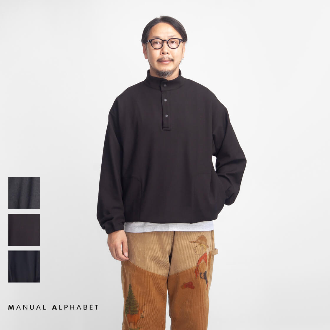 MANUAL ALPHABET マニュアルアルファベット ヒートエフェクト スナップT スタンドカラープルオーバーシャツ 日本製 メンズ
