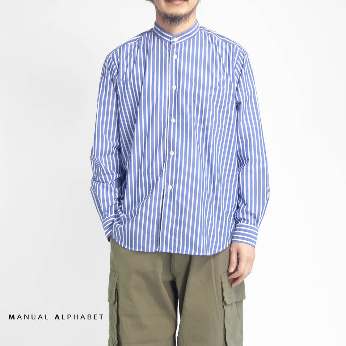 MANUAL ALPHABET マニュアルアルファベット TCタイプライター ストライプ ルーズフィット バンドカラーシャツ 日本製 メンズ