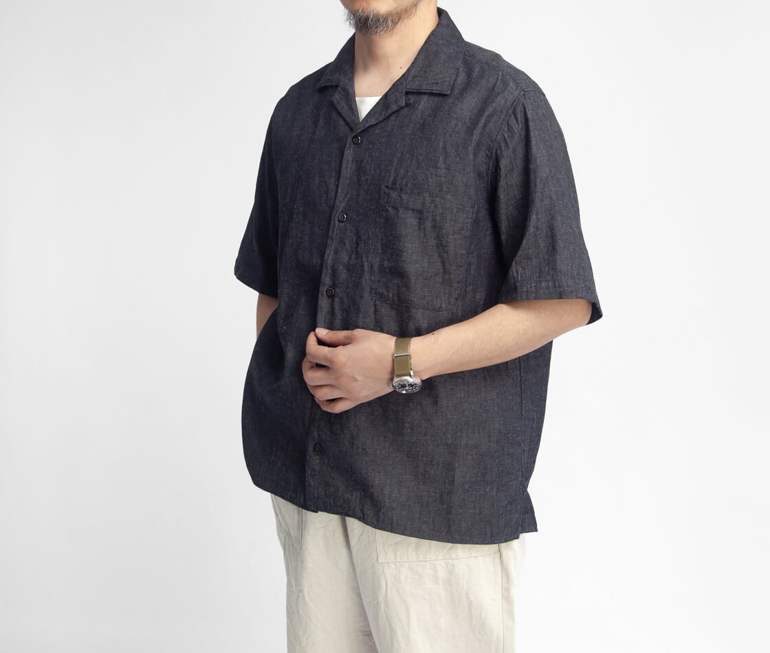 MANUAL ALPHABET マニュアルアルファベット 6オンス綿麻デニム オープンカラー半袖シャツ 日本製 メンズ