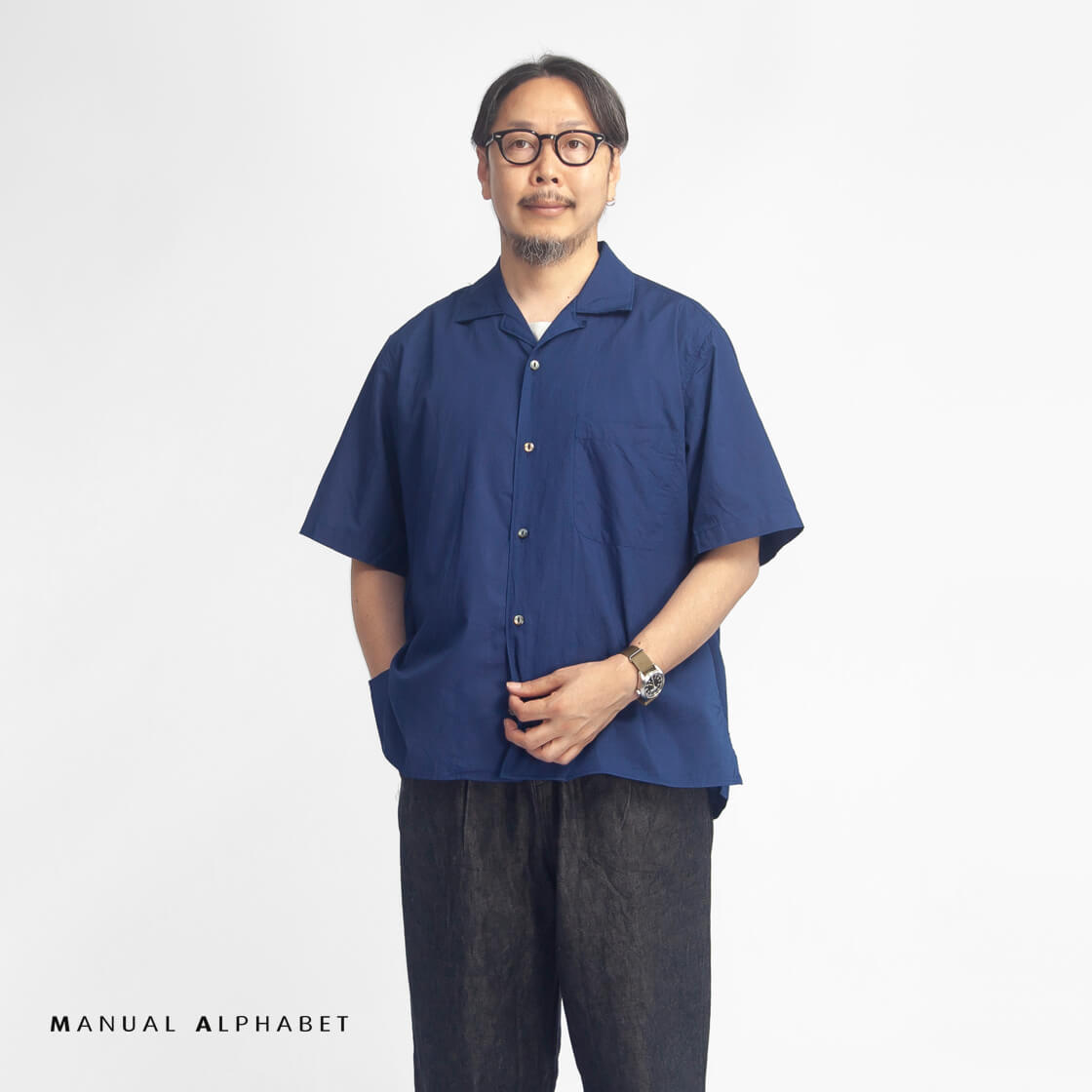 MANUAL ALPHABET マニュアルアルファベット インディゴシャンブレー オープンカラー半袖シャツ 日本製 メンズ