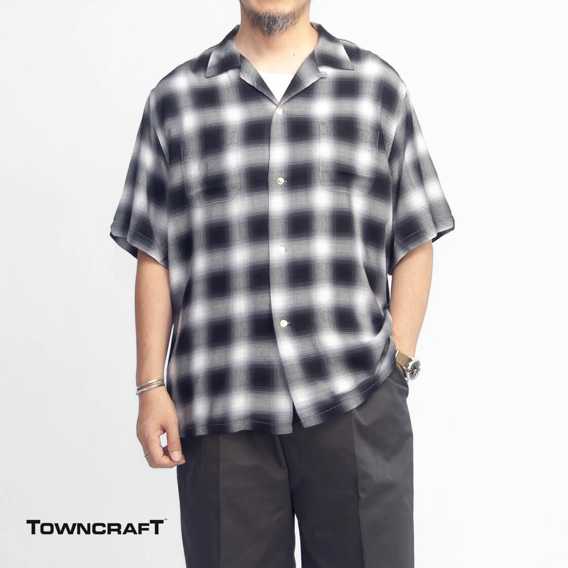 TOWNCRAFT タウンクラフト 60s オンブレチェックレーヨン オープンカラー半袖シャツ メンズ