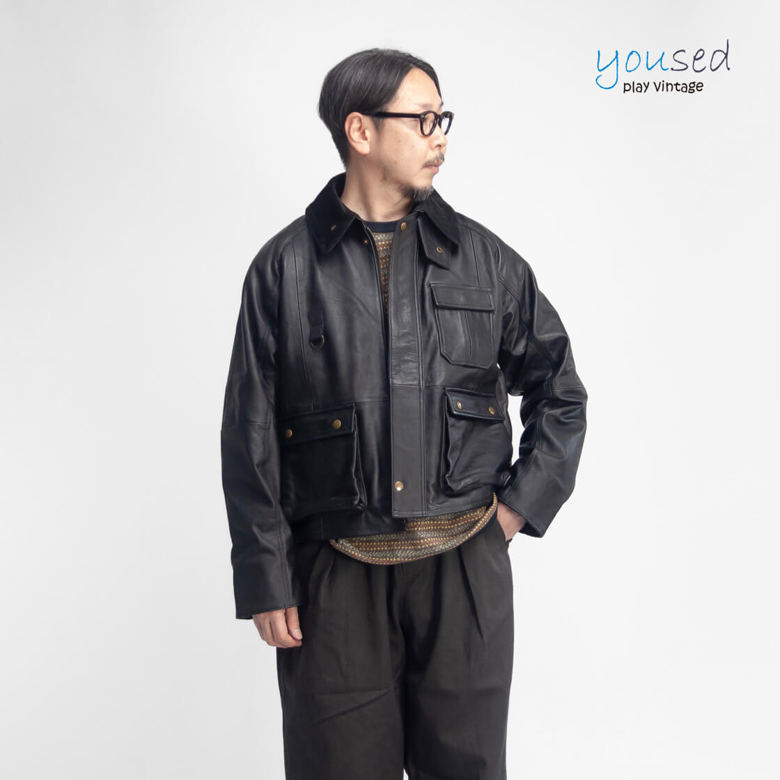 YOUSED ユーズド オールレザー フィッシングジャケット ショート丈 本革 革ジャン リメイク メンズ