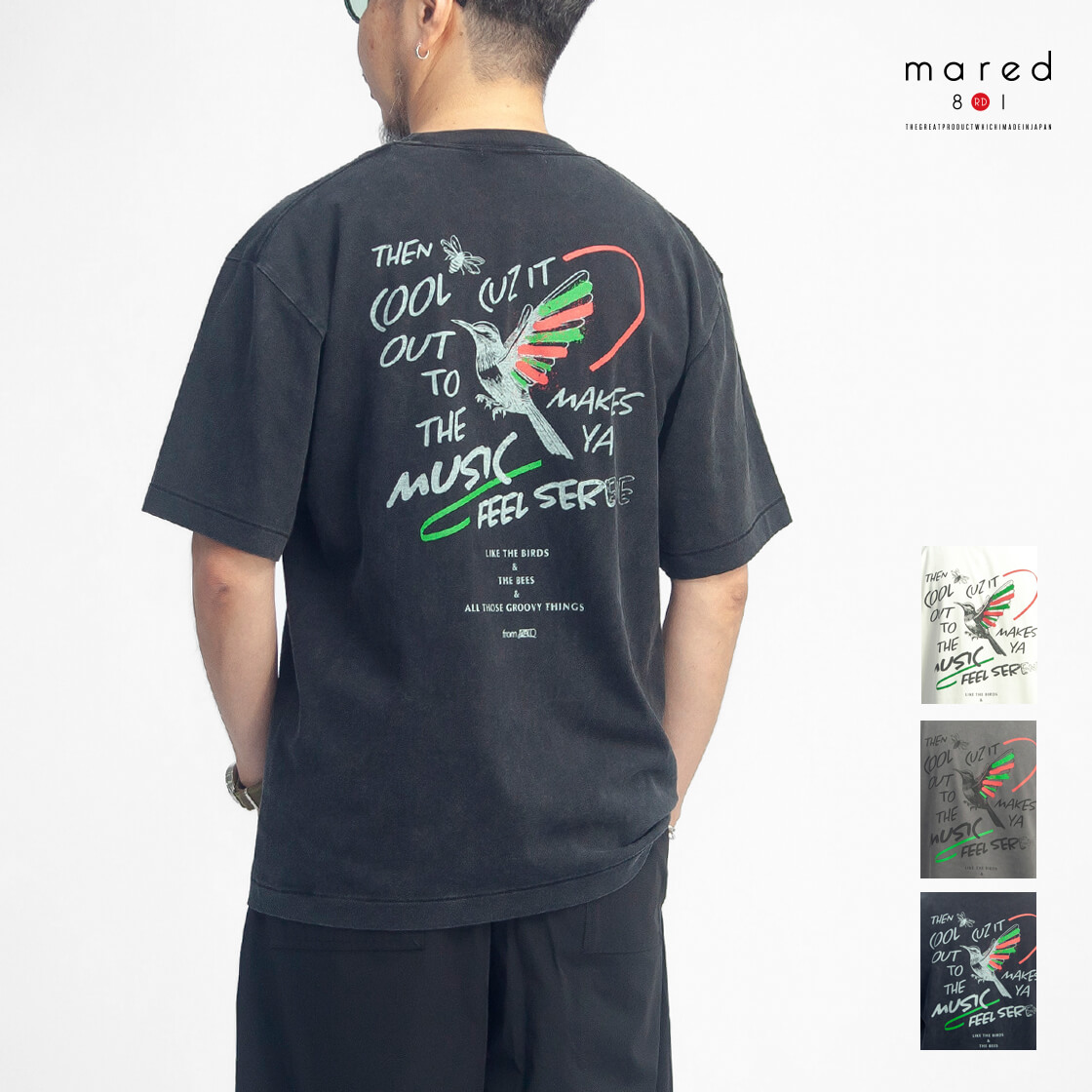 Mared マレッド ボールバイオ加工 バード&ビー ヴィンテージライク バックプリントTシャツ メンズ