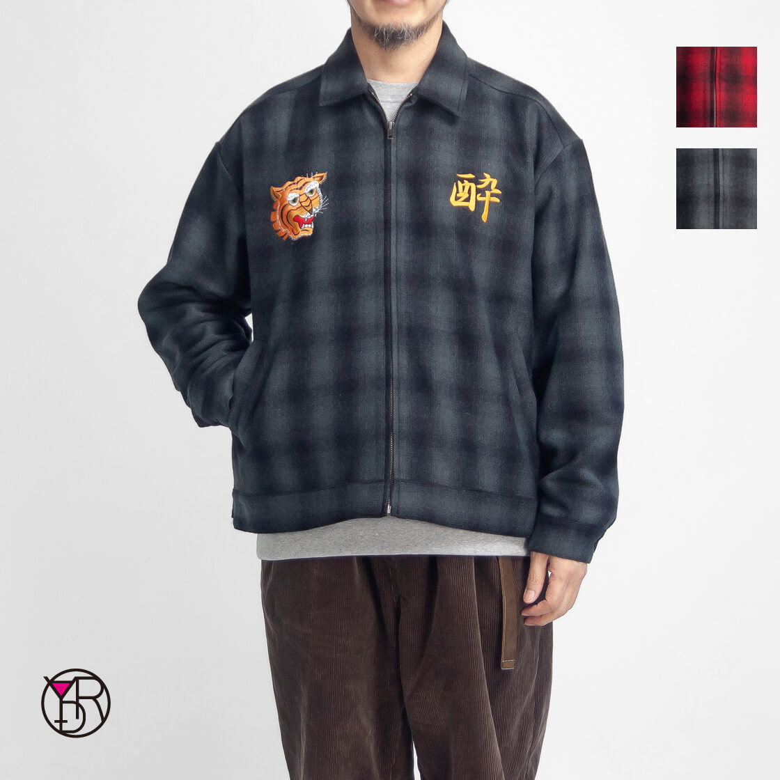 YOIDORE ヨイドレ スーベニア 刺繍 オンブレチェック ウール ジップアップジャケット メンズ