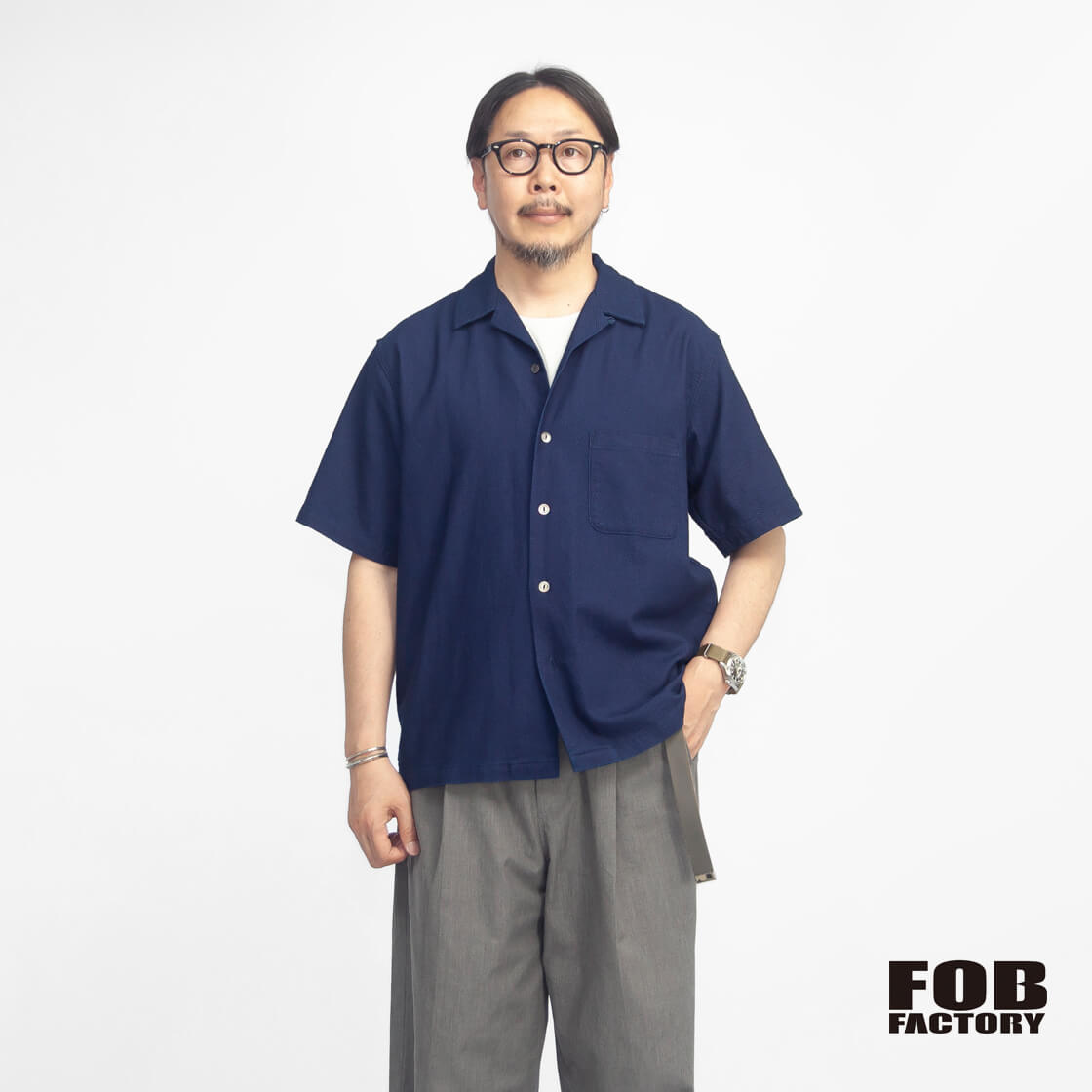 FOB FACTORY FOBファクトリー F3500 インディゴ刺し子 半袖 オープンカラーシャツ 日本製 メンズ