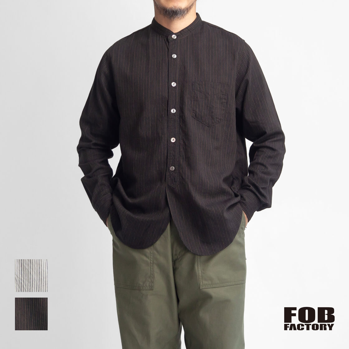 FOB FACTORY FOBファクトリー ヴィンテージストライプ バンドカラーシャツ F3511 日本製 メンズ