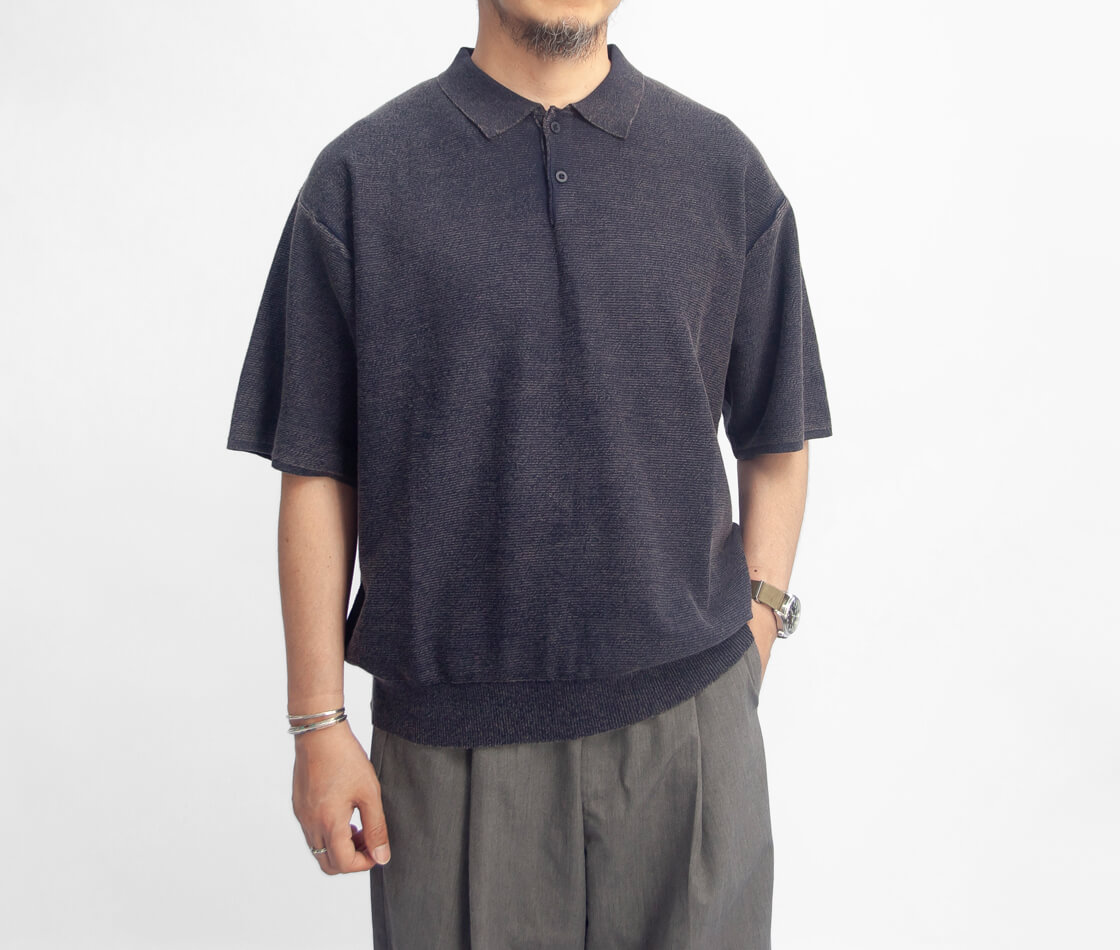 LAOTOUR スノーウォッシュ ハーフミラノリブ ニットポロシャツ メンズ