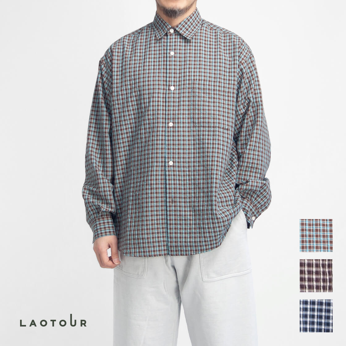 LAOTOUR シアサッカー オーバーサイズ レギュラーカラー チェックシャツ 速乾 メンズ