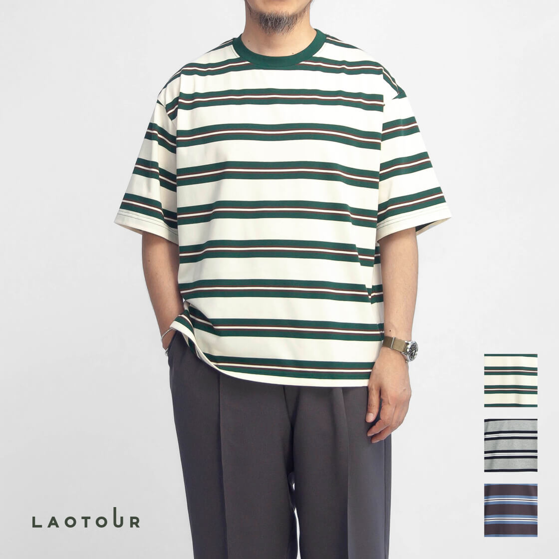 LAOTOUR マルチボーダー ワイド Tシャツ メンズ
