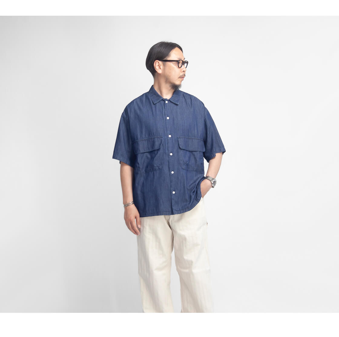 LAOTOUR 両胸ポケット ライトオンス スラブデニム 半袖シャツ メンズ