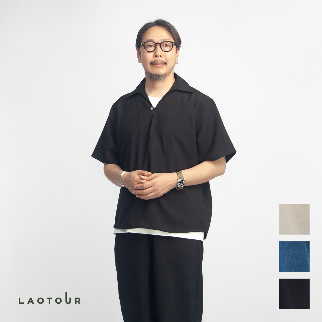 LAOTOUR リネンライクブッチャー ドライ スキッパー半袖シャツ メンズ