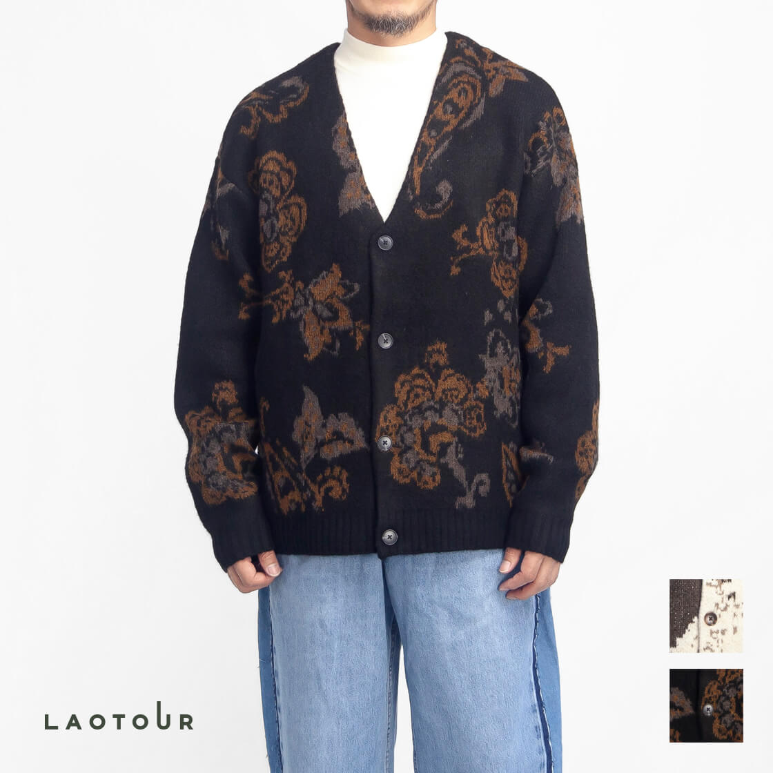 LAOTOUR ダブルジャカード 総柄 ニットカーディガン 花柄 メンズ