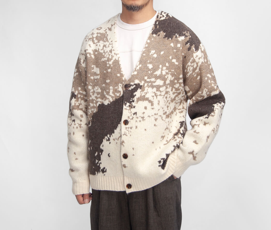 LAOTOUR ダブルジャカード 総柄 ニットカーディガン 花柄 メンズ