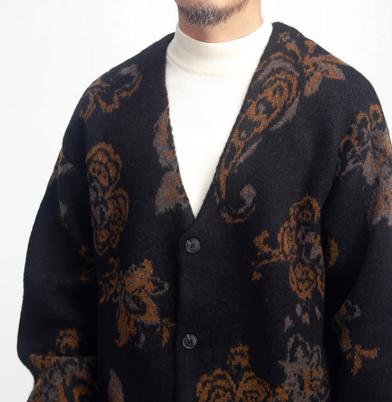 LAOTOUR ダブルジャカード 総柄 ニットカーディガン 花柄 メンズ