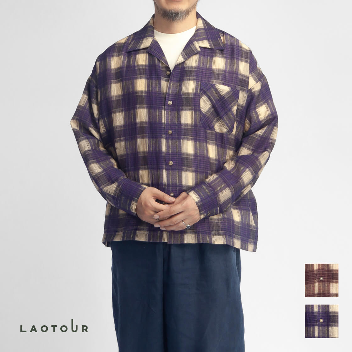 LAOTOUR テンセルナイロン ビッグチェック ショート丈 オープンカラーシャツ メンズ