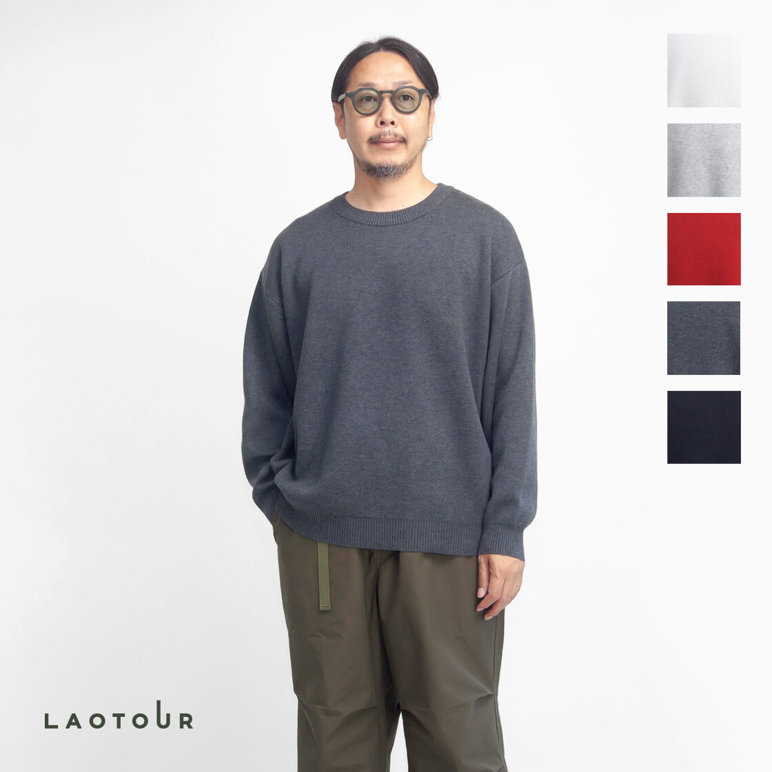 LAOTOUR コットンアクリル ダブルジャカードニット プルオーバー メンズ