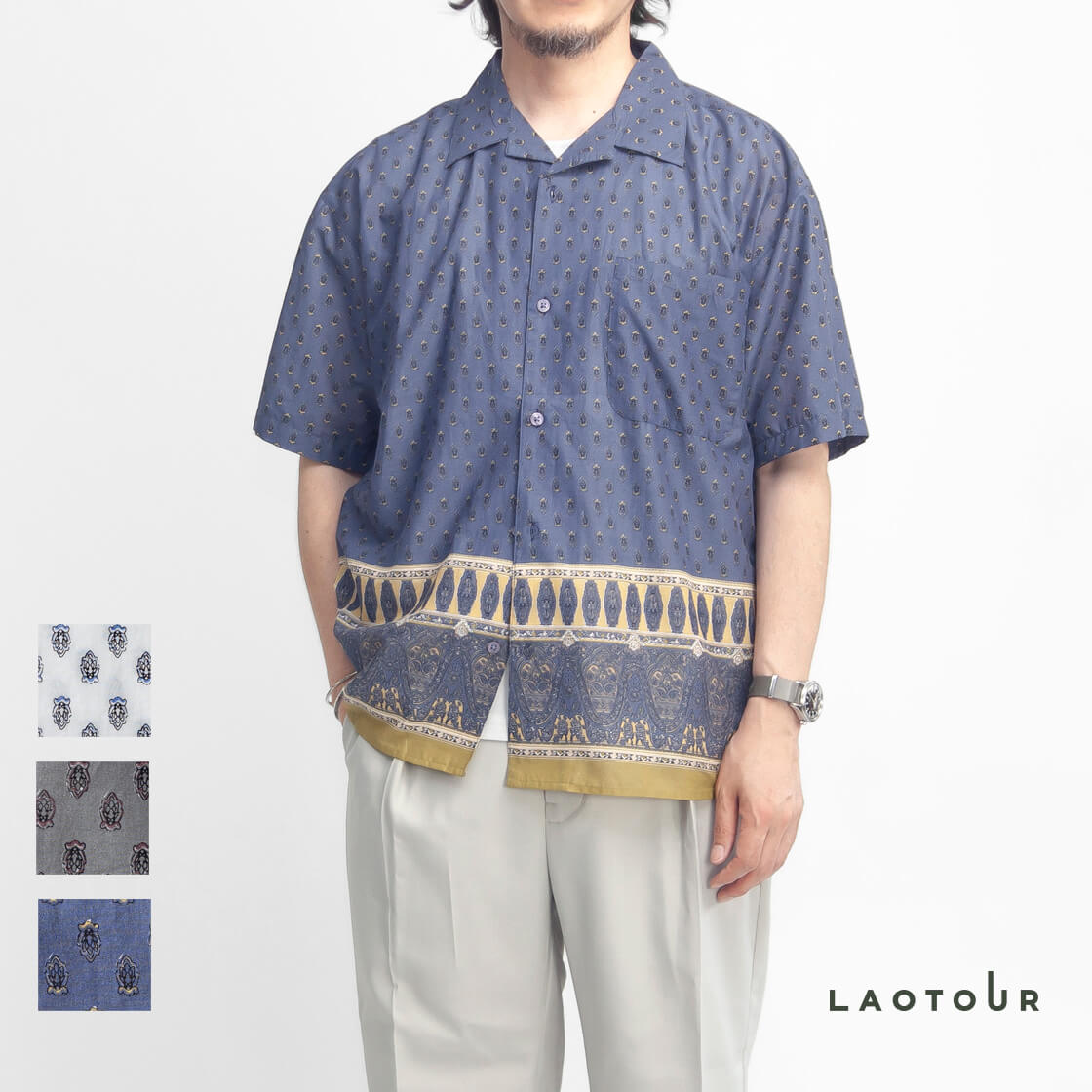LAOTOUR 麻100％ フレンチリネン プルオーバーオープンカラー半袖シャツ メンズ