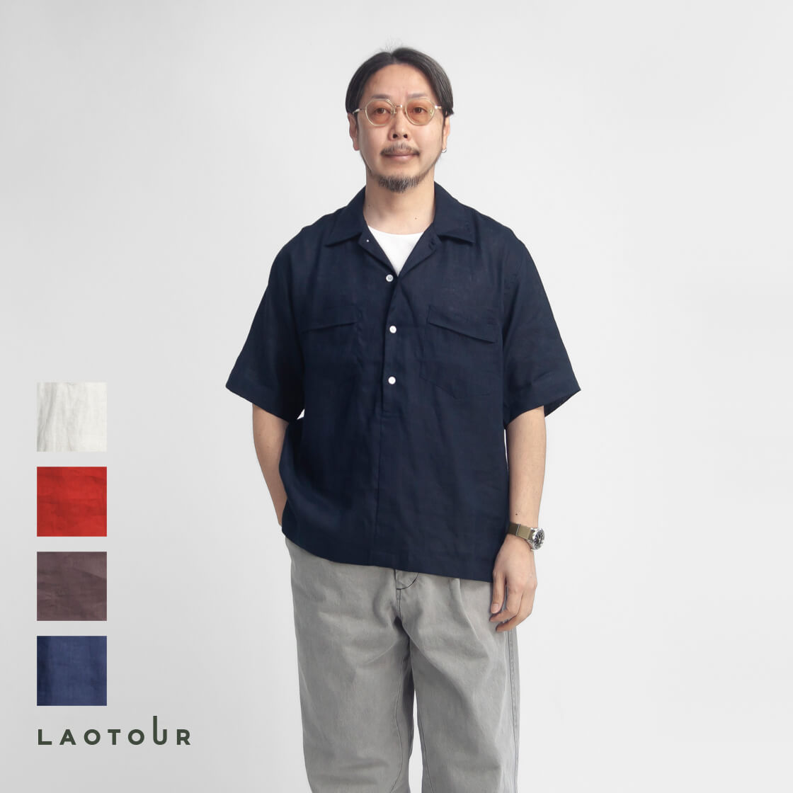LAOTOUR 麻100% フレンチリネン プルオーバーオープンカラー半袖シャツ メンズ