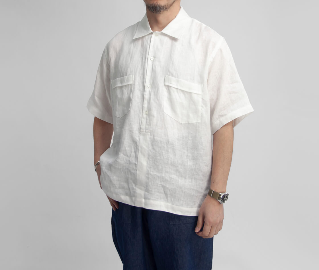 LAOTOUR 麻100％ フレンチリネン プルオーバーオープンカラー半袖シャツ メンズ