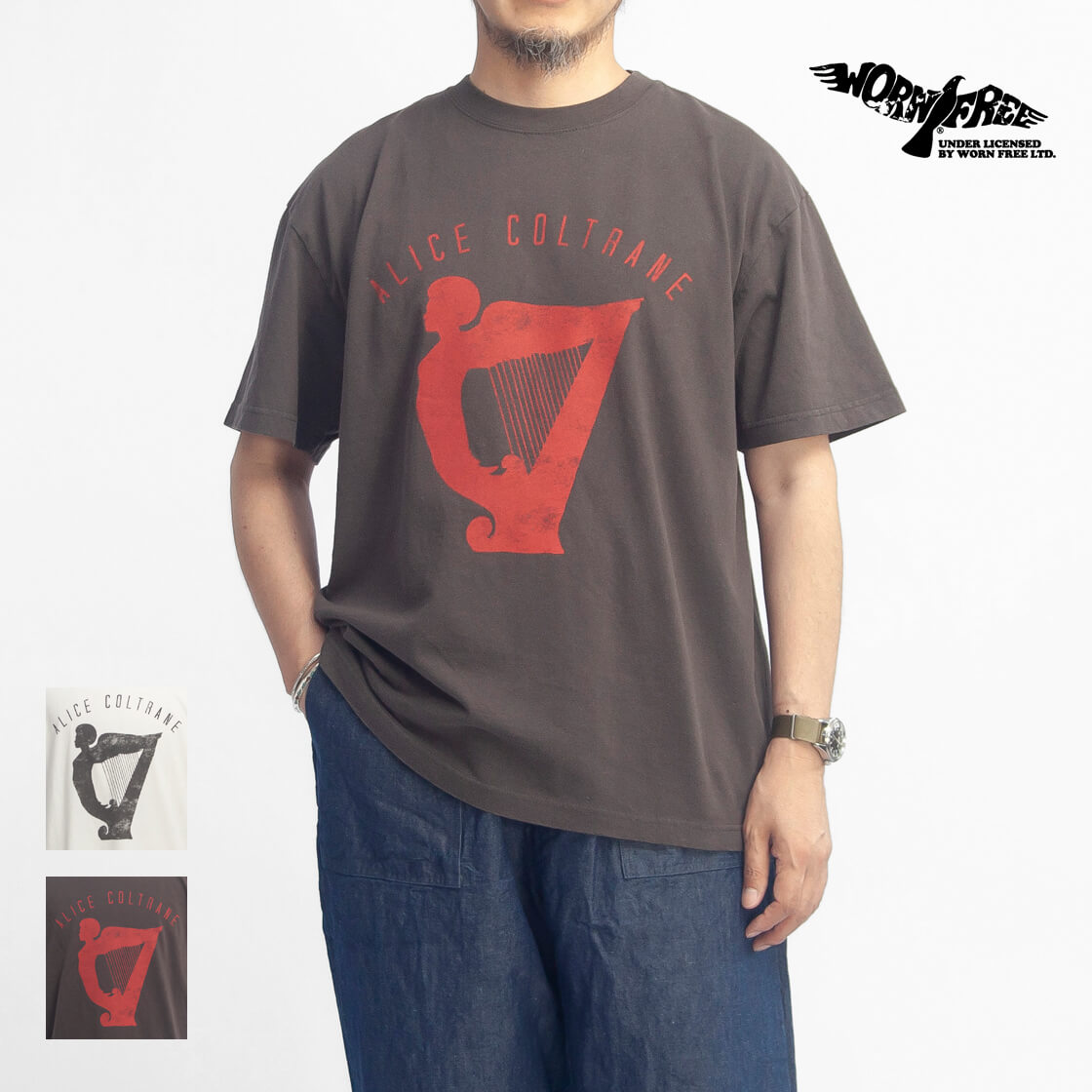 WORN FREE ウォーンフリー アリス・コルトレーン HARP BUST プリントTシャツ ヴィンテージウォッシュ メンズ