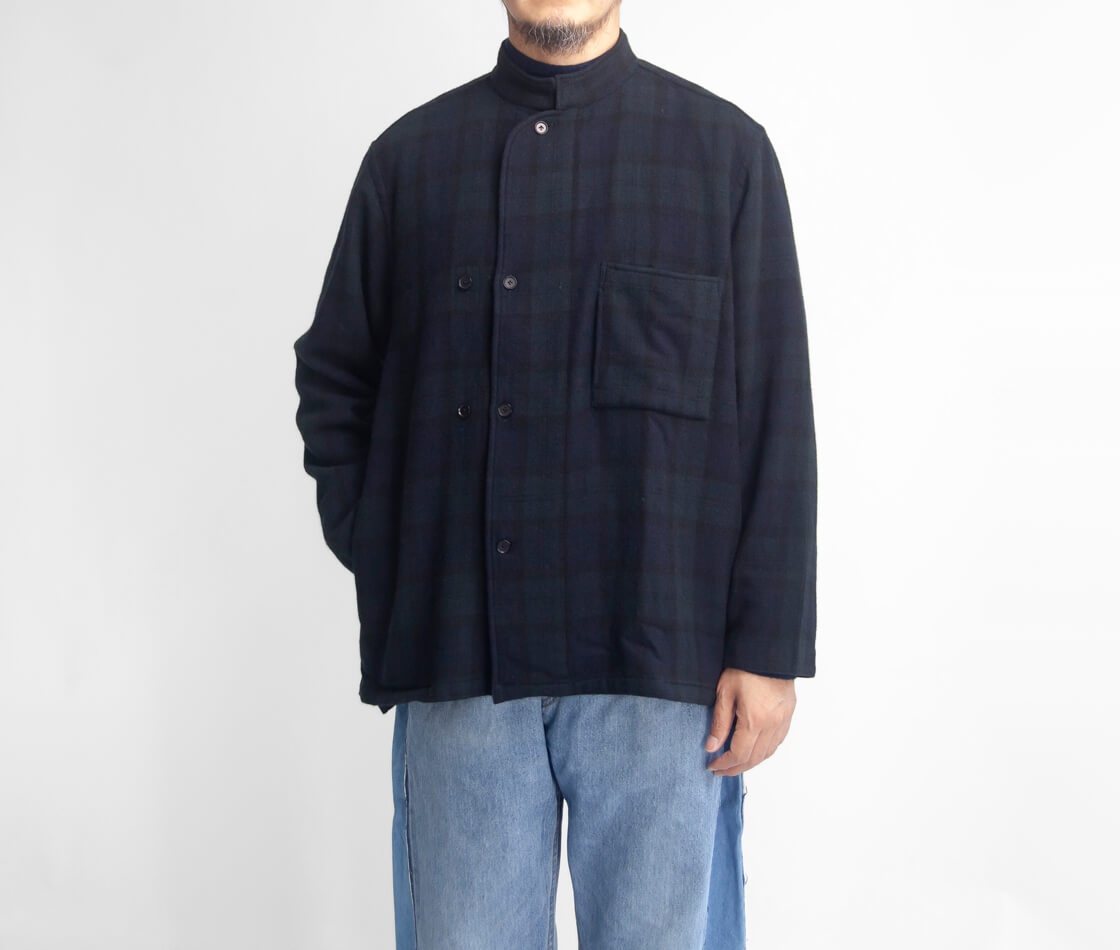 BRENA ブレナ シャツジャケット バンドカラー リネン混 オーバーサイズ L BRENA ブレナ ウールフランネル タータンチェック ホスピタルシャツ