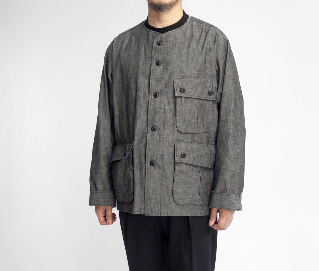 BRENA ブレナ ヴィンテージフレンチシャンブレー ノーカラー ジャングルファティーグジャケット 日本製 メンズ